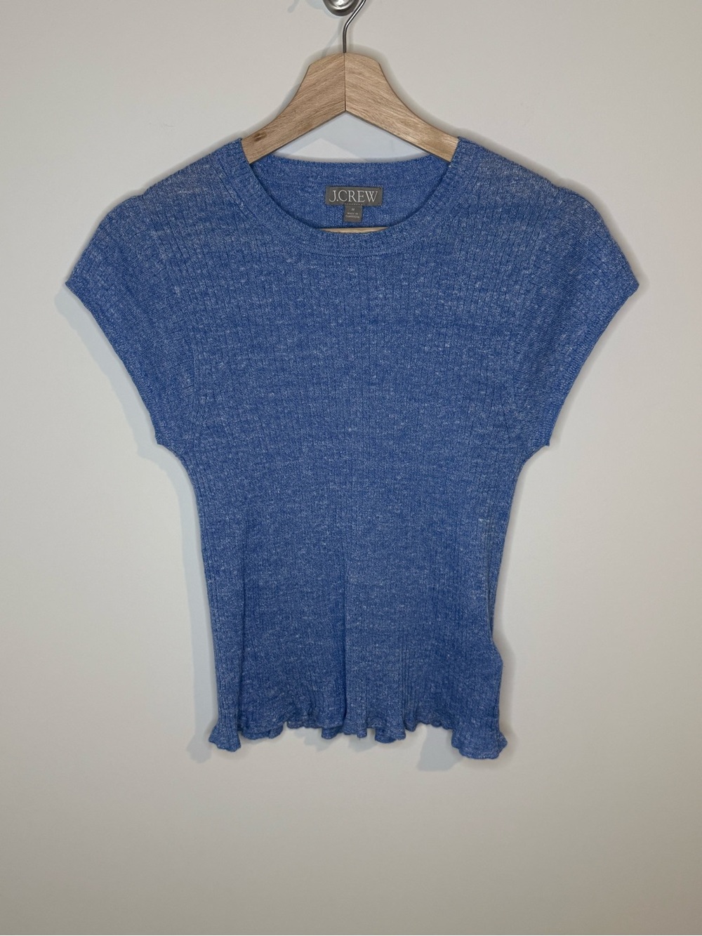 J. Crew Blue Short Sleeve Ribbed Knit Top Merino Wool/Linen Blend |M